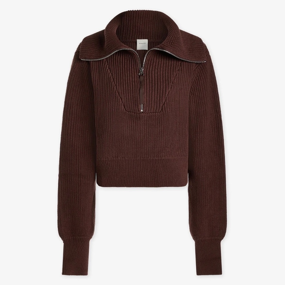 Varley- Mentone Dark Brown Half-Zip Ribbed Knit Pullover Sweater